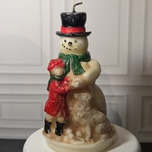 Vintage Hallmark Candle Snowman Green Scarf With Child In Red Coat And Brown Dog